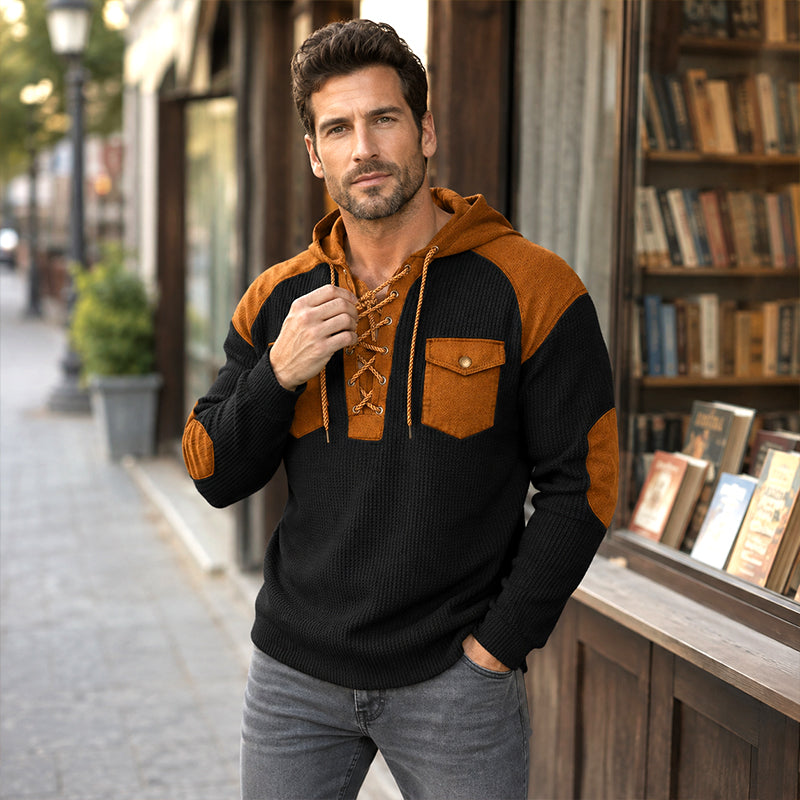 🧶 Rugged Details, Easy Comfort | Men's Waffle-Knit Lace-Up Hooded Sweatshirt