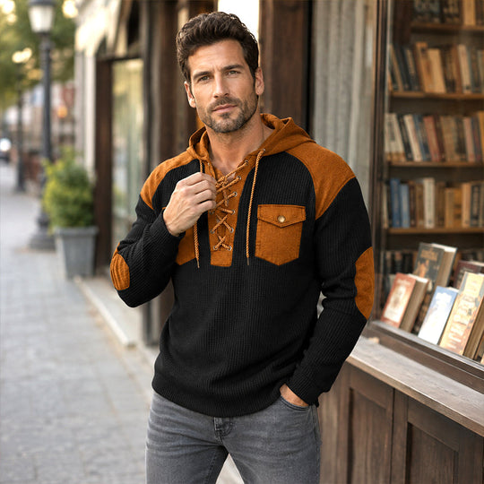 🧶 Rugged Details, Easy Comfort | Men's Waffle-Knit Lace-Up Hooded Sweatshirt
