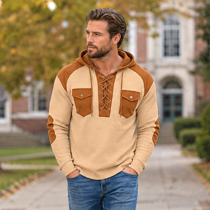 🧶 Rugged Details, Easy Comfort | Men's Waffle-Knit Lace-Up Hooded Sweatshirt