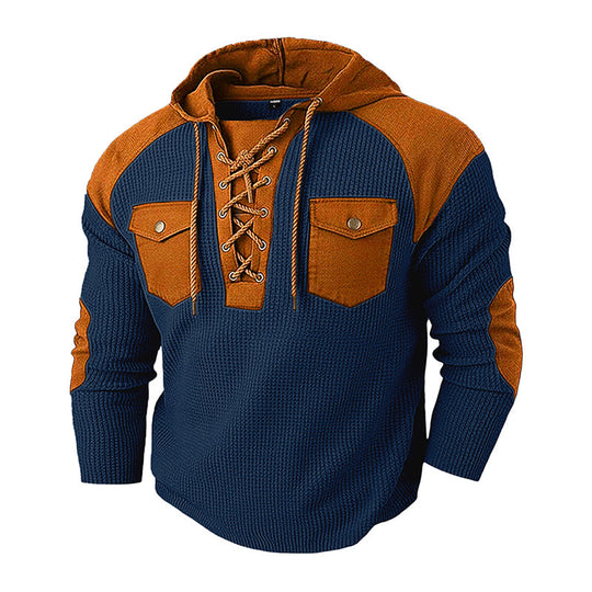 🧶 Rugged Details, Easy Comfort | Men's Waffle-Knit Lace-Up Hooded Sweatshirt
