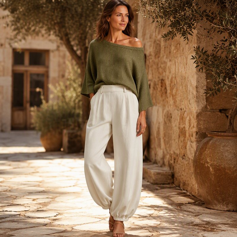 💖 Latest Design | Women's Off-Shoulder Knit Top & Relaxed Pants 2-Piece Set