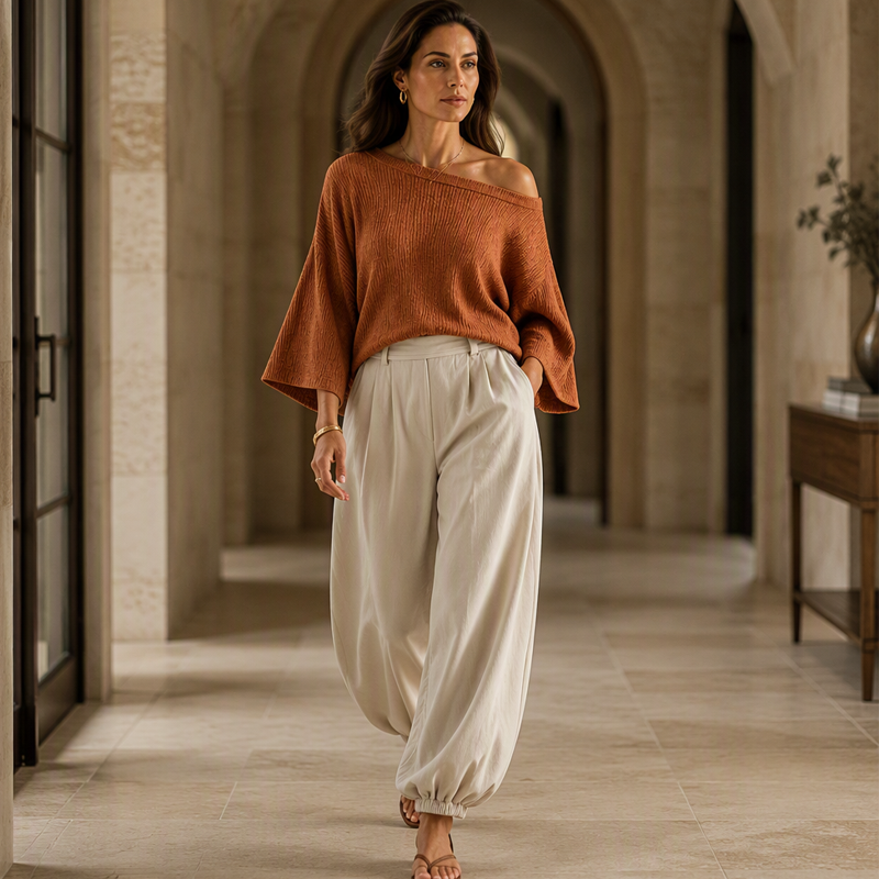💖 Latest Design | Women's Off-Shoulder Knit Top & Relaxed Pants 2-Piece Set