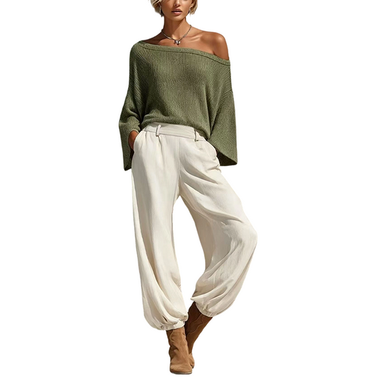 💖 Latest Design | Women's Off-Shoulder Knit Top & Relaxed Pants 2-Piece Set
