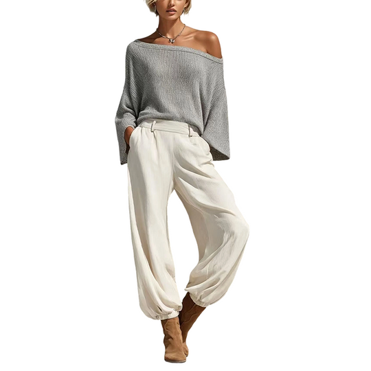 💖 Latest Design | Women's Off-Shoulder Knit Top & Relaxed Pants 2-Piece Set