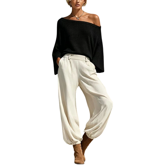 💖 Latest Design | Women's Off-Shoulder Knit Top & Relaxed Pants 2-Piece Set