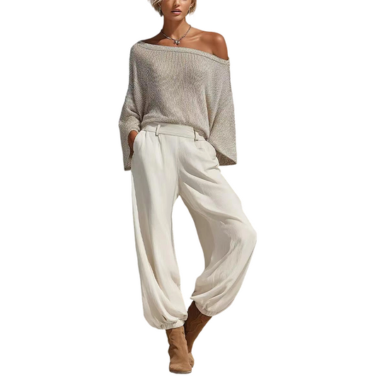 💖 Latest Design | Women's Off-Shoulder Knit Top & Relaxed Pants 2-Piece Set