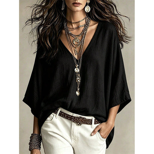 ✨ Flattering Without the Fuss | Women's Draped V-Neck Relaxed Blouse