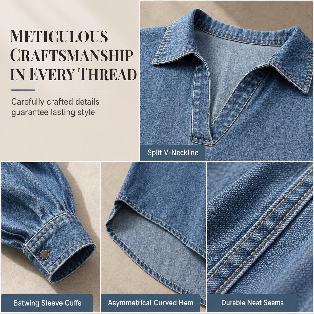 💙 Soft Denim, Standout Shape | Women's Batwing V-Neck Asymmetrical Denim Top
