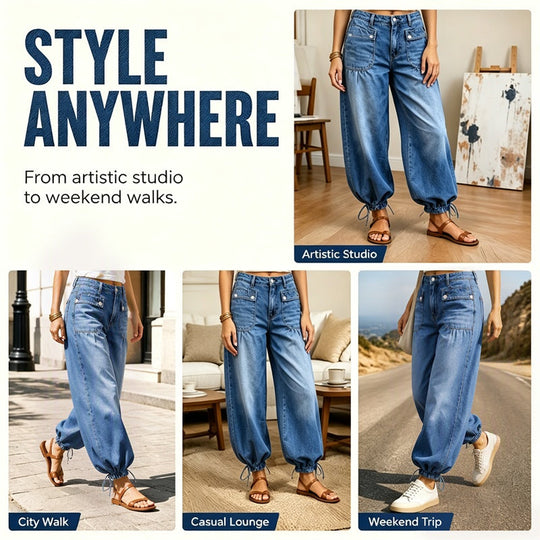Women's High-Waisted Balloon Jeans with Drawstring Cuffs