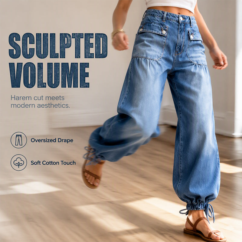 Women's High-Waisted Balloon Jeans with Drawstring Cuffs