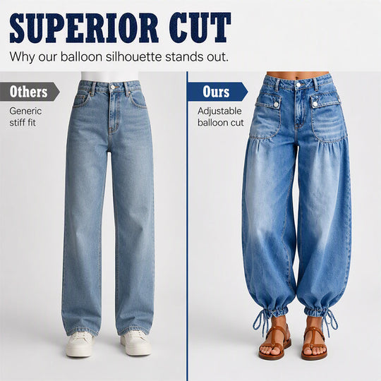 Women's High-Waisted Balloon Jeans with Drawstring Cuffs