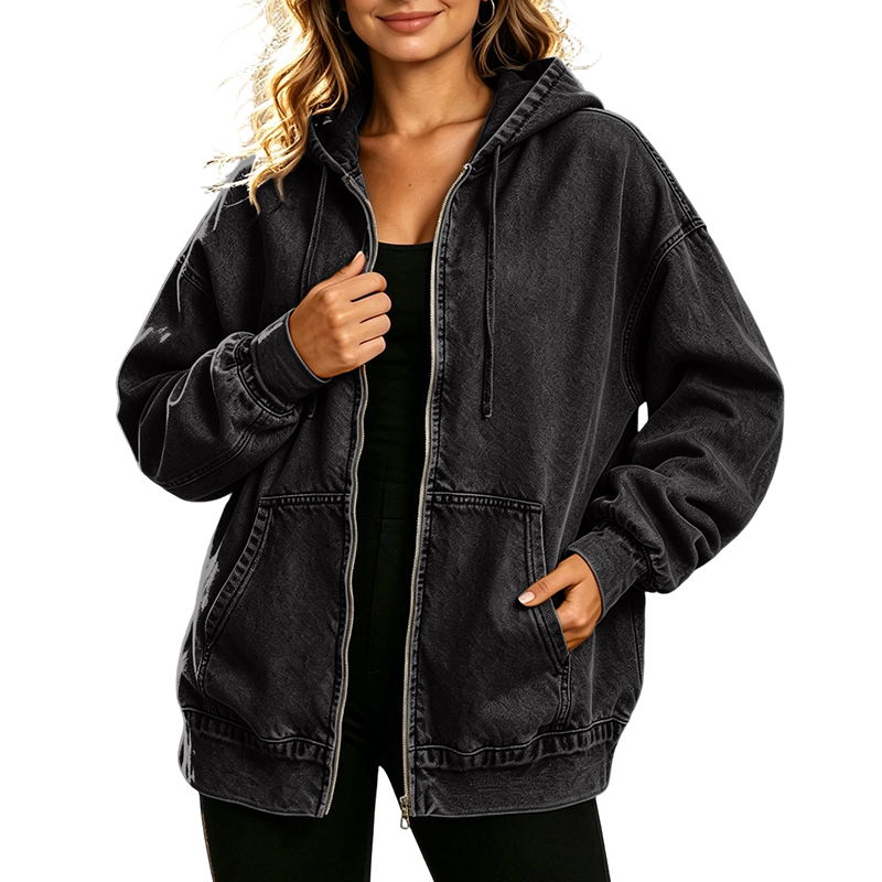 ✨ Denim Comfort, Easy Coverage | Women's Loose Zip-Up Hooded Denim Jacket