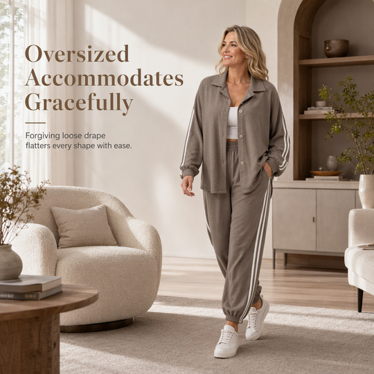 ⏰ Last Day Sale 50% Off | Women's Oversized Shirt & Side-Stripe Jogger 2-Piece Set