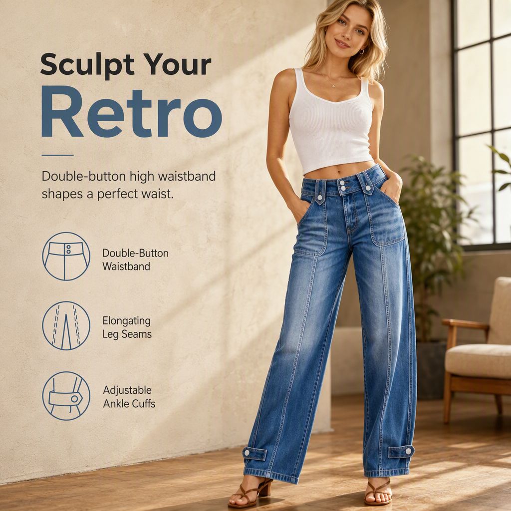 👖 Retro Denim Style | Women's High-Waisted Double-Button Wide-Leg Jeans