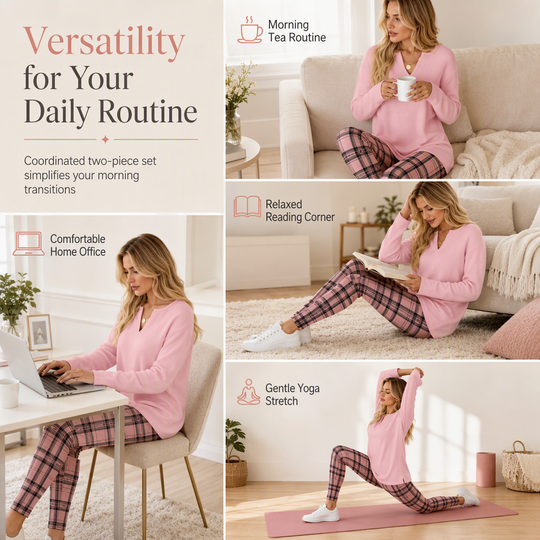 ☁️ Cozy Made Easy | Women's Relaxed Knit Top & Plaid Leggings 2-Piece Set