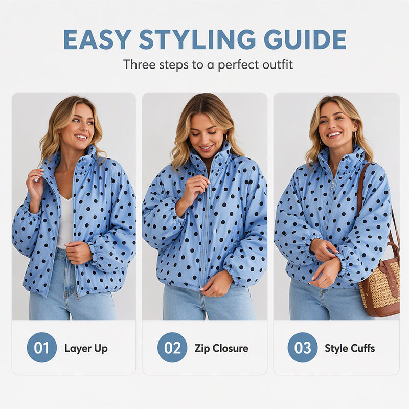 ⚫ Playful Polka Dots, Statement Sleeves | Women's Oversized Zipper Jacket