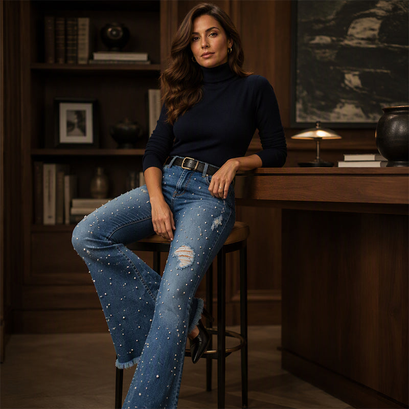 💎 Details That Stand Out | Women's Beaded Distressed High-Waist Flare Jeans