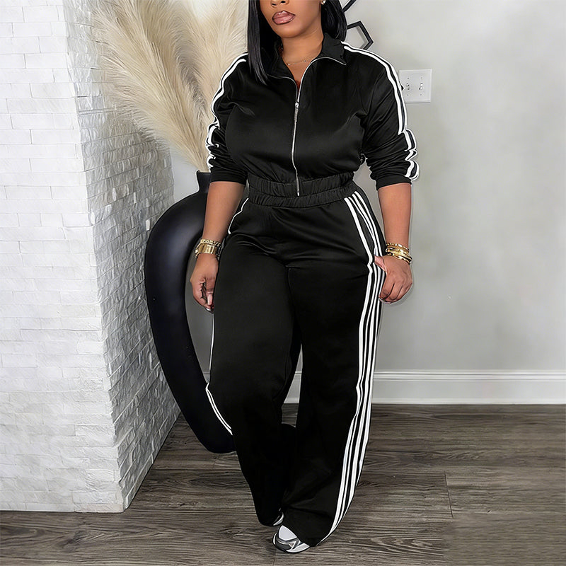 🎽 One Set, Instant Sporty Style | Women's Stripe Zip-Up Jacket & Pants Tracksuit