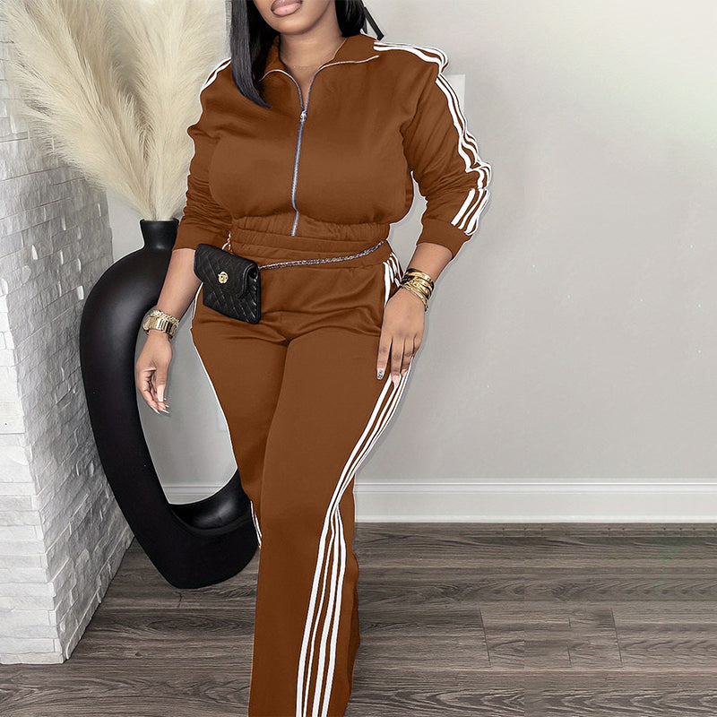 🎽 One Set, Instant Sporty Style | Women's Stripe Zip-Up Jacket & Pants Tracksuit