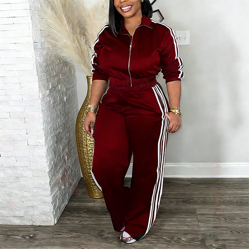 🎽 One Set, Instant Sporty Style | Women's Stripe Zip-Up Jacket & Pants Tracksuit