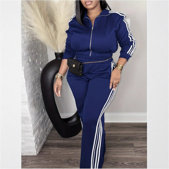 🎽 One Set, Instant Sporty Style | Women's Stripe Zip-Up Jacket & Pants Tracksuit