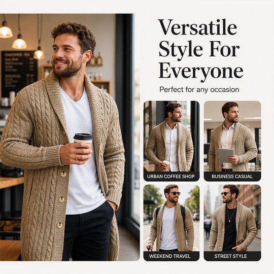 🧶 Longer Length, More Style | Men's Mid-Long Cable-Knit Cardigan