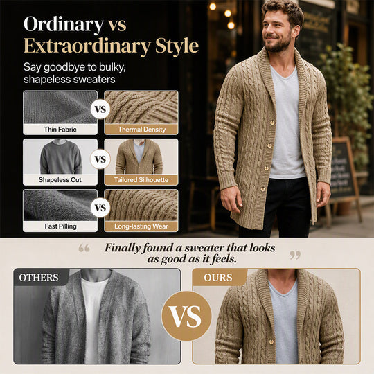 🧶 Longer Length, More Style | Men's Mid-Long Cable-Knit Cardigan