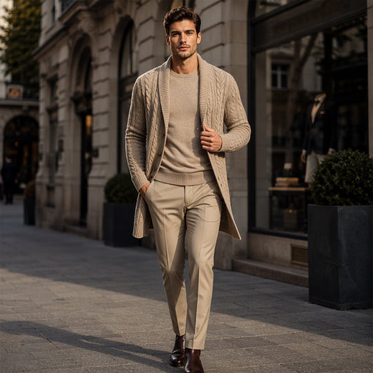 🧶 Longer Length, More Style | Men's Mid-Long Cable-Knit Cardigan