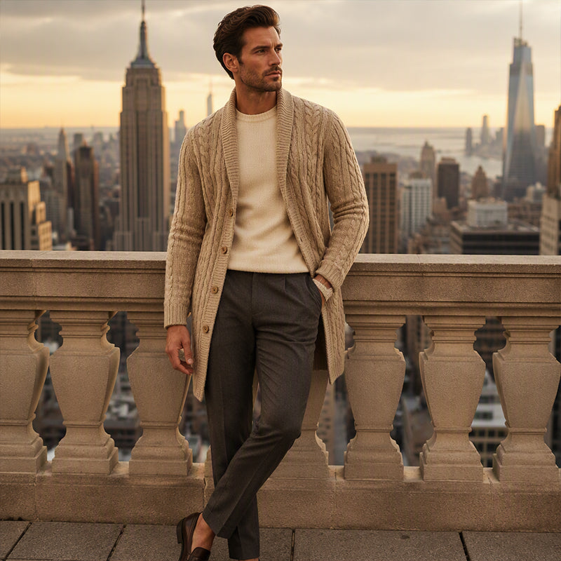 🧶 Longer Length, More Style | Men's Mid-Long Cable-Knit Cardigan