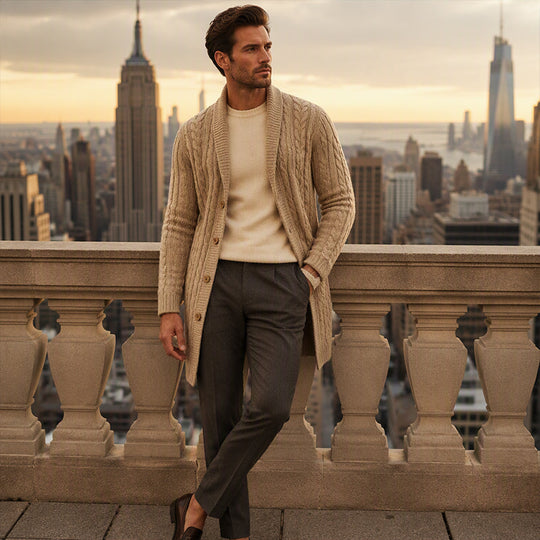 🧶 Longer Length, More Style | Men's Mid-Long Cable-Knit Cardigan
