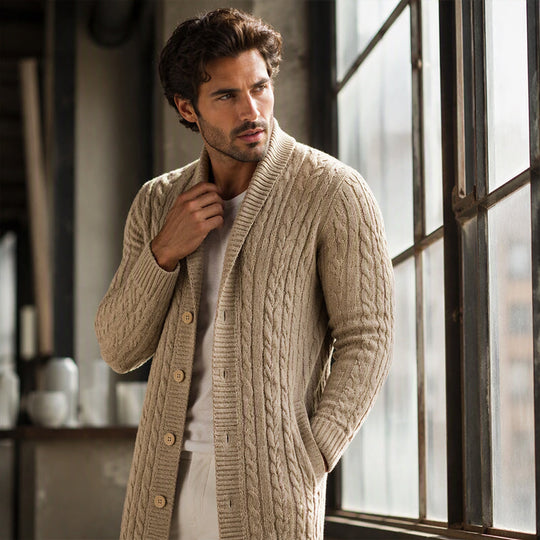 🧶 Longer Length, More Style | Men's Mid-Long Cable-Knit Cardigan