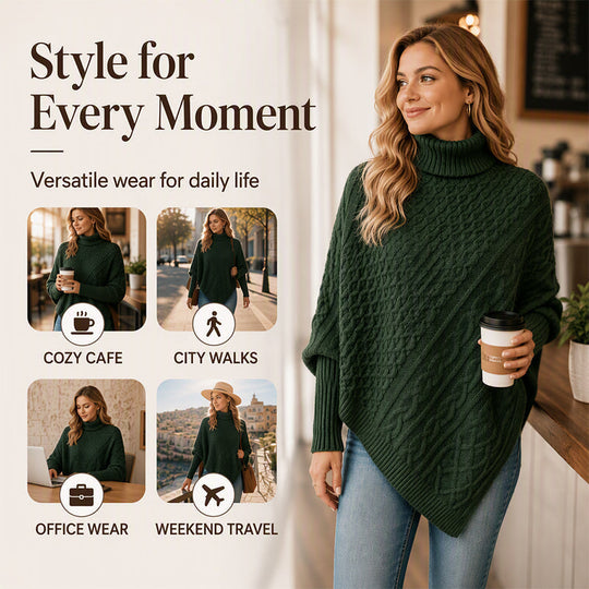 🧶 Rich Cable Texture, Relaxed Poncho Drape | Women's Knit Sweater