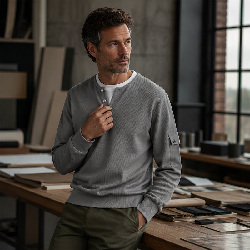 ⏳LAST DAY SALE 70% OFF✨🍂Men's Waffle Knit Fake Two-Piece Henley Top