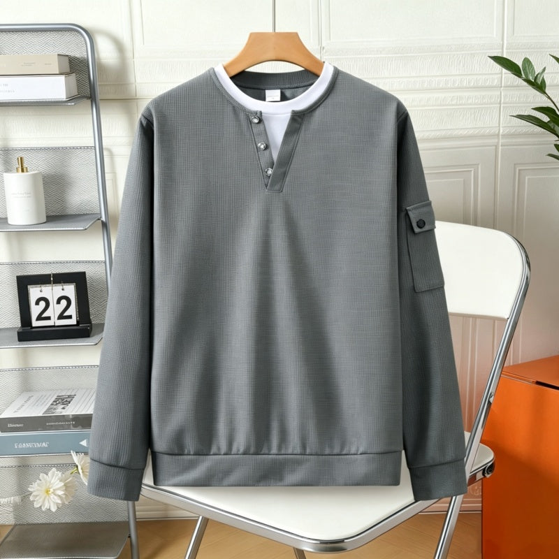 ⏳LAST DAY SALE 70% OFF✨🍂Men's Waffle Knit Fake Two-Piece Henley Top