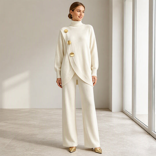 🧶 Effortless Knit Elegance | Women's Turtleneck Sweater & Wide-Leg Pants 2-Piece Set