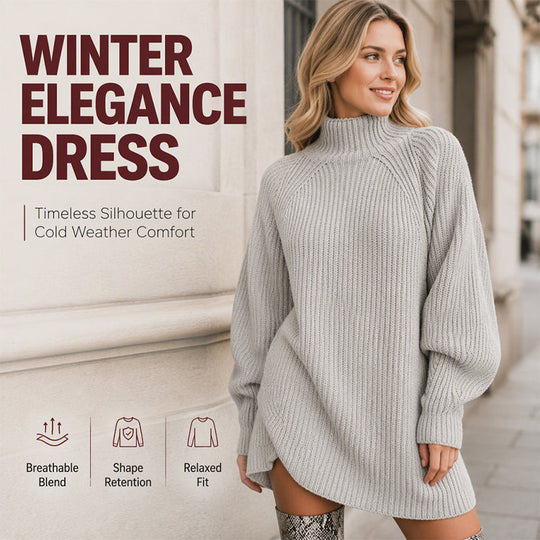 🧶 Cozy High Neck, Flattering Relaxed Drape | Women's Knit Sweater Dress