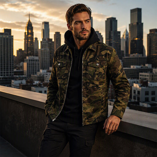 💥 Camo Contrast, Street-Ready Denim | Men's Structured Jacket ⚡ Free Shipping