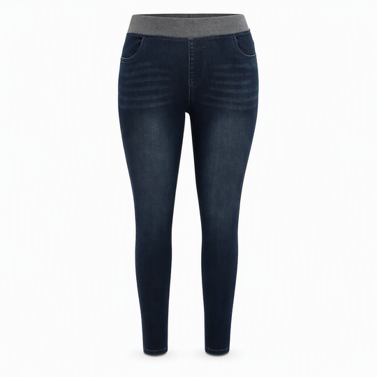 Women's High-Rise Pull-On Slim Fit Dark Wash Denim Jeans with Wide Elastic Waistband