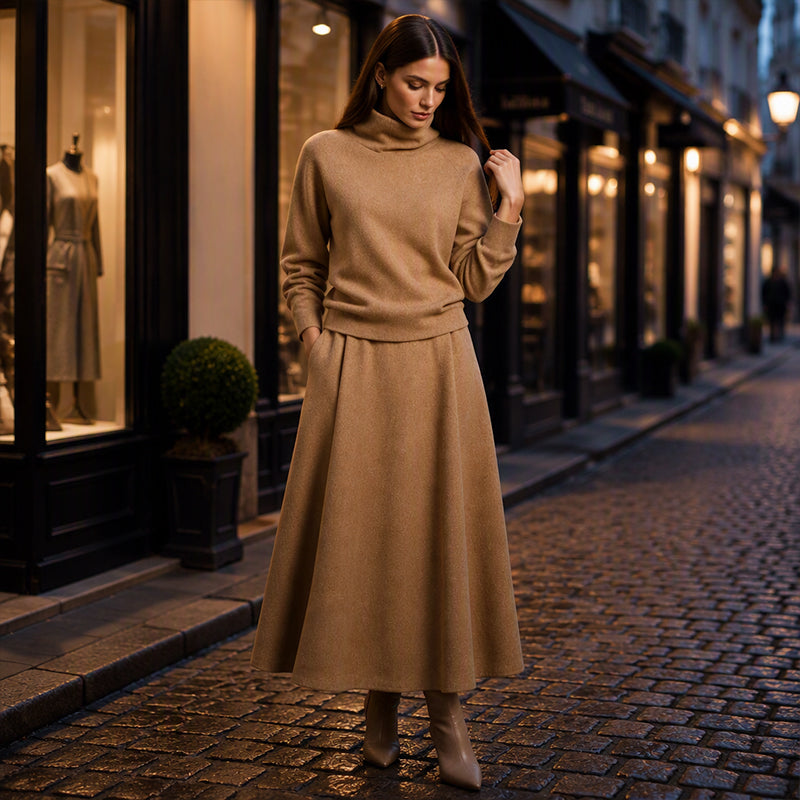 💞 Two Pieces, Effortlessly Elegant | Women's Turtleneck Top & Maxi Skirt Set