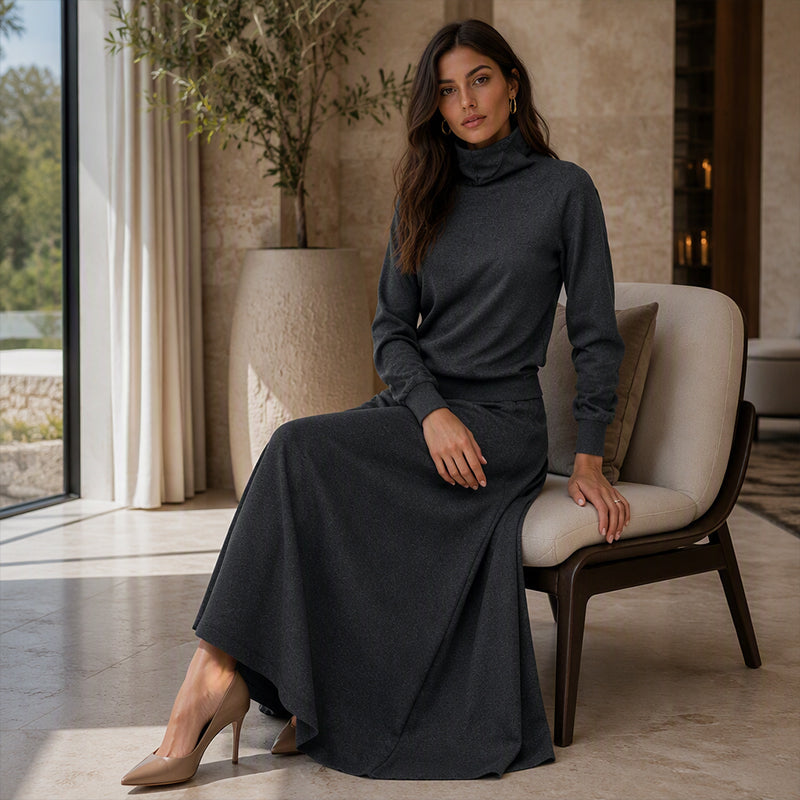 💞 Two Pieces, Effortlessly Elegant | Women's Turtleneck Top & Maxi Skirt Set