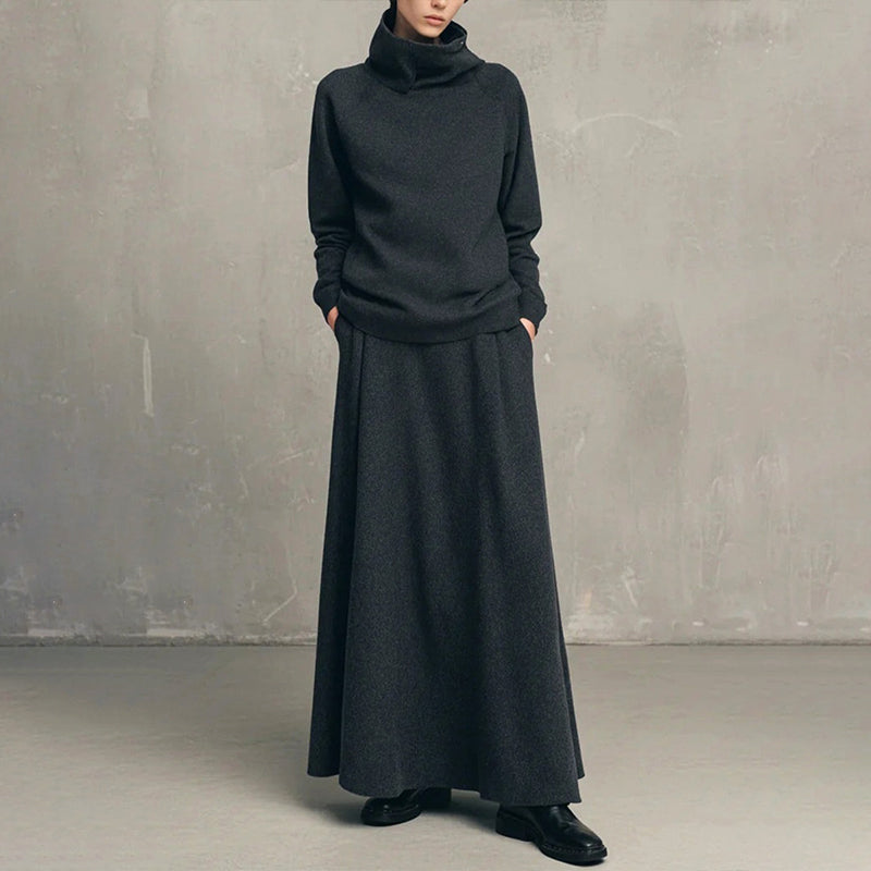 💞 Two Pieces, Effortlessly Elegant | Women's Turtleneck Top & Maxi Skirt Set