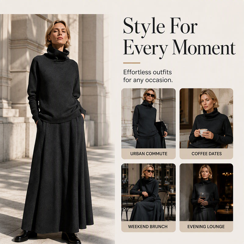 💞 Two Pieces, Effortlessly Elegant | Women's Turtleneck Top & Maxi Skirt Set
