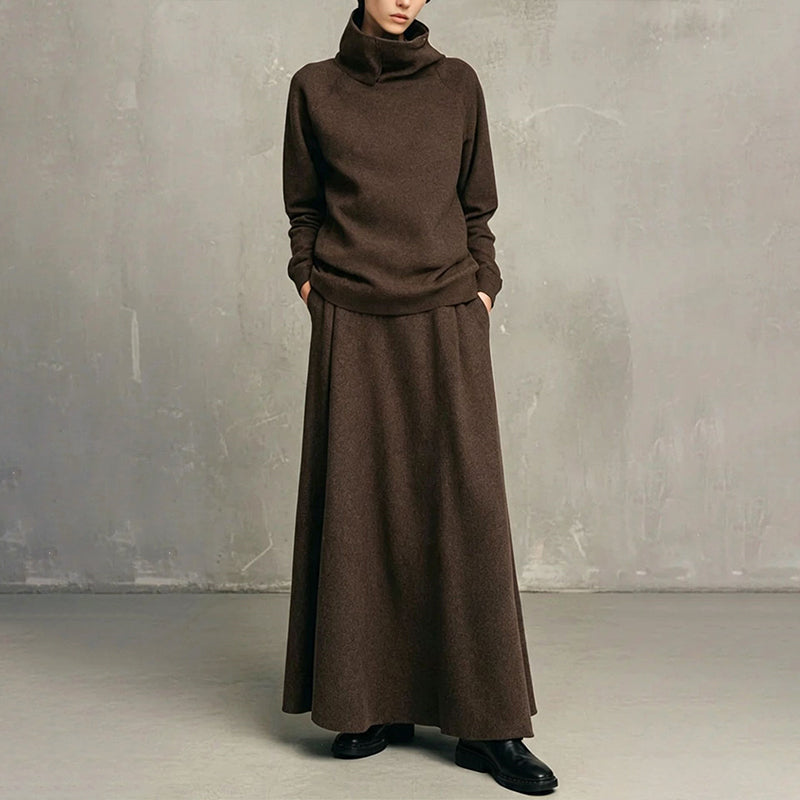💞 Two Pieces, Effortlessly Elegant | Women's Turtleneck Top & Maxi Skirt Set