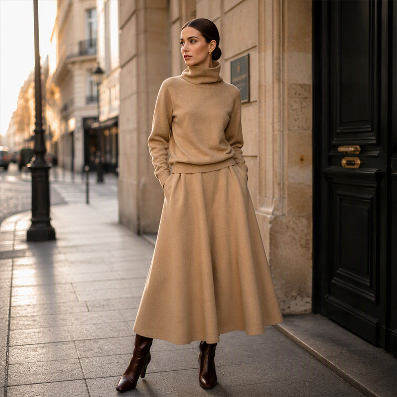 💞 Two Pieces, Effortlessly Elegant | Women's Turtleneck Top & Maxi Skirt Set