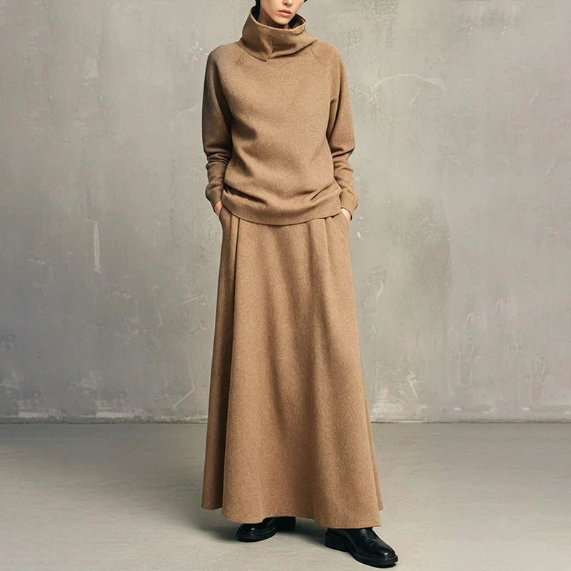 💞 Two Pieces, Effortlessly Elegant | Women's Turtleneck Top & Maxi Skirt Set