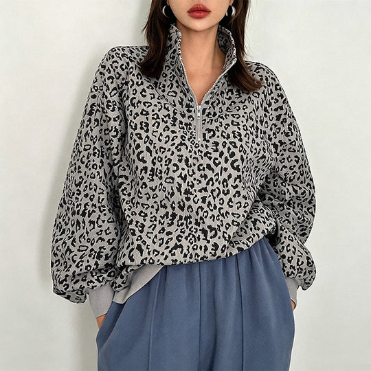 Women's Leopard Print Quarter-Zip Sweatshirt