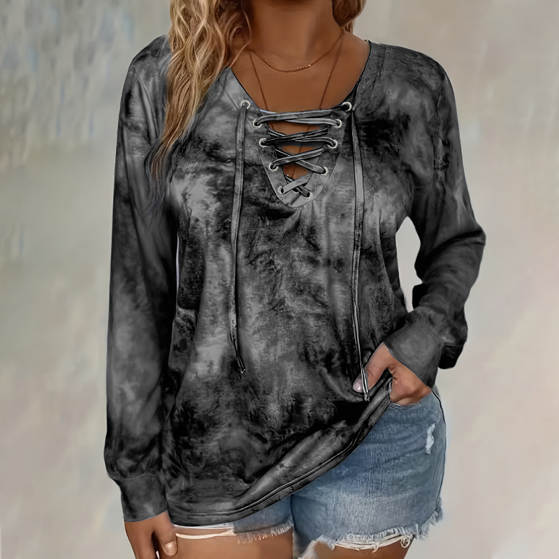 Women's Tie-Dye Printed Lace-Up V-Neck Top