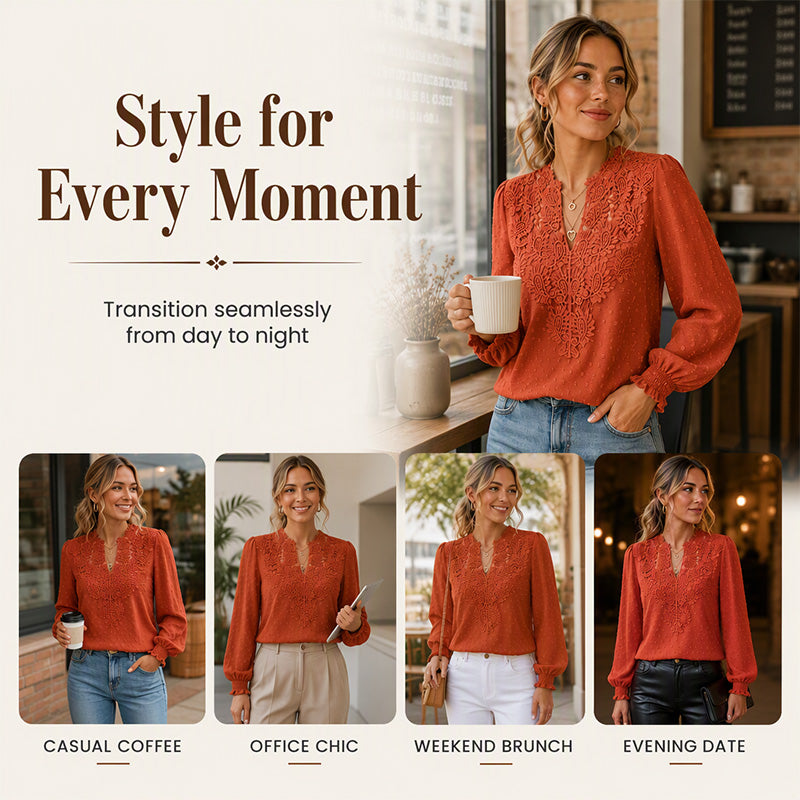 👗Delicate Lace, Sexy V-Neck👚 Women's Lace V-Neck Long Sleeve Top – Slim Fit | Elegant & Alluring ✨