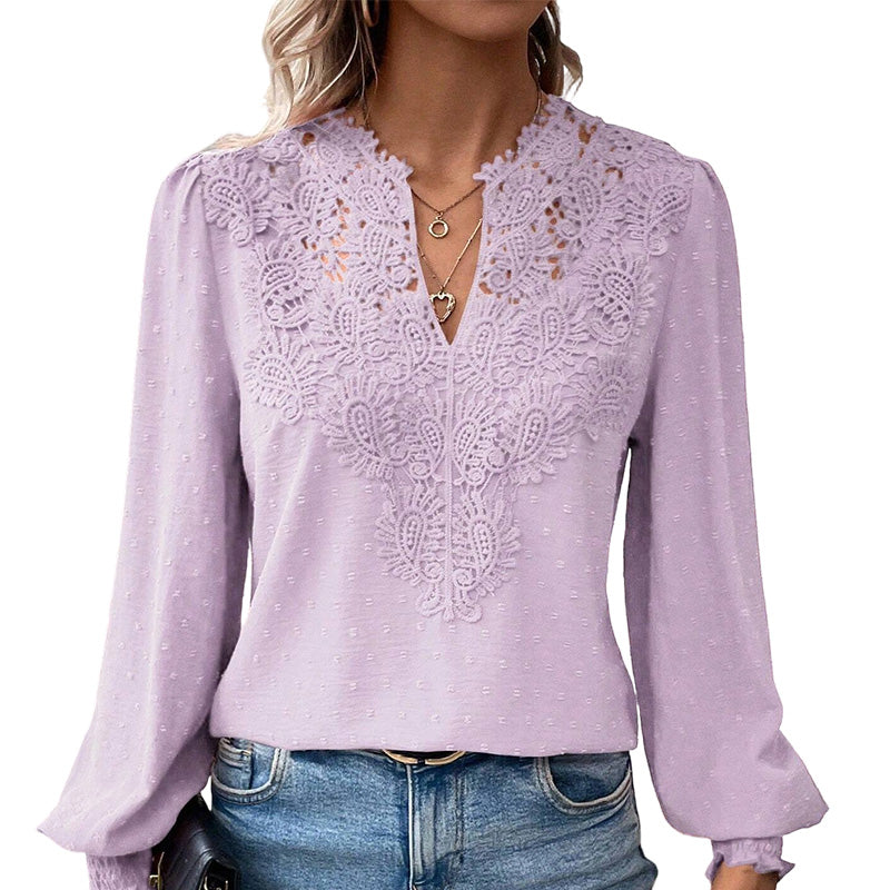 👗Delicate Lace, Sexy V-Neck👚 Women's Lace V-Neck Long Sleeve Top – Slim Fit | Elegant & Alluring ✨