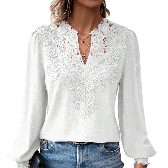 👗Delicate Lace, Sexy V-Neck👚 Women's Lace V-Neck Long Sleeve Top – Slim Fit | Elegant & Alluring ✨